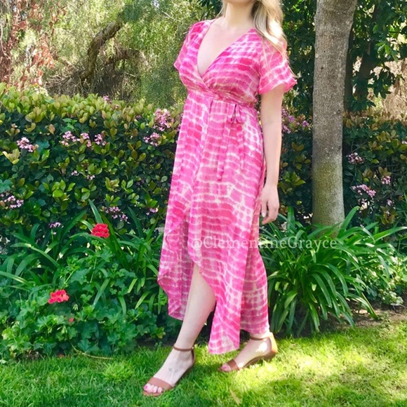 June & Hudson Pink Tie Dye Wrap Maxi Dress Size M - Picture 1 of 7